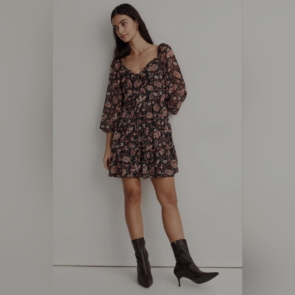 Madewell Amalia Tiered Mini Dress Pampas Blooms Print Sz 4‎ Metallic Accents